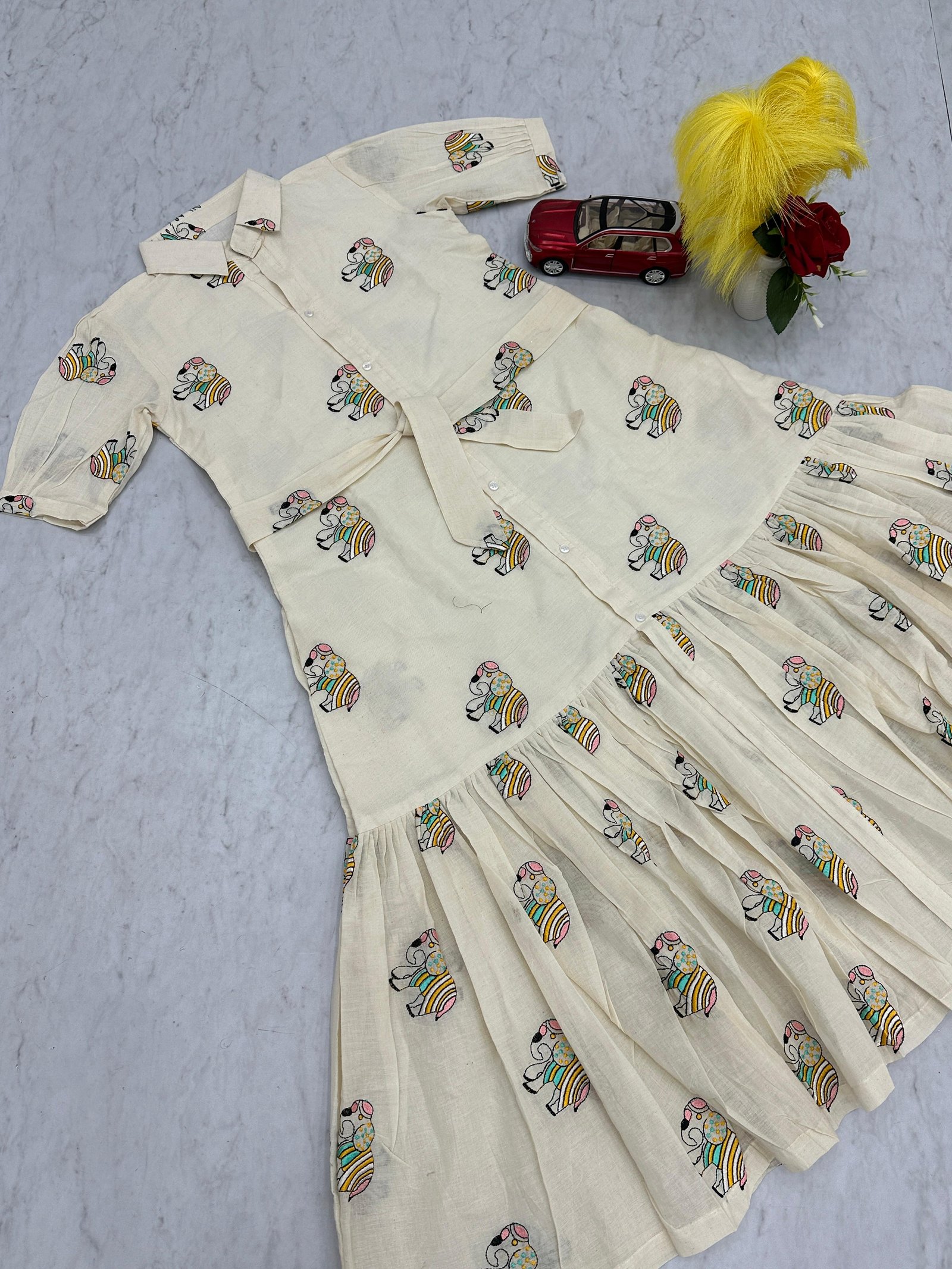 Cream Cotton Dress with Colorful Elephant Print – Casual & Boho Chic Style